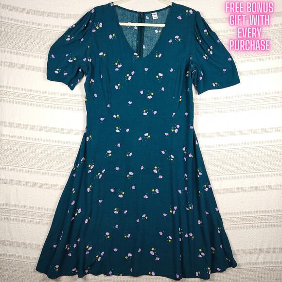 Old Navy Dark Green Floral Short Sleeve Midi Dress Size L NEW - Picture 1 of 7